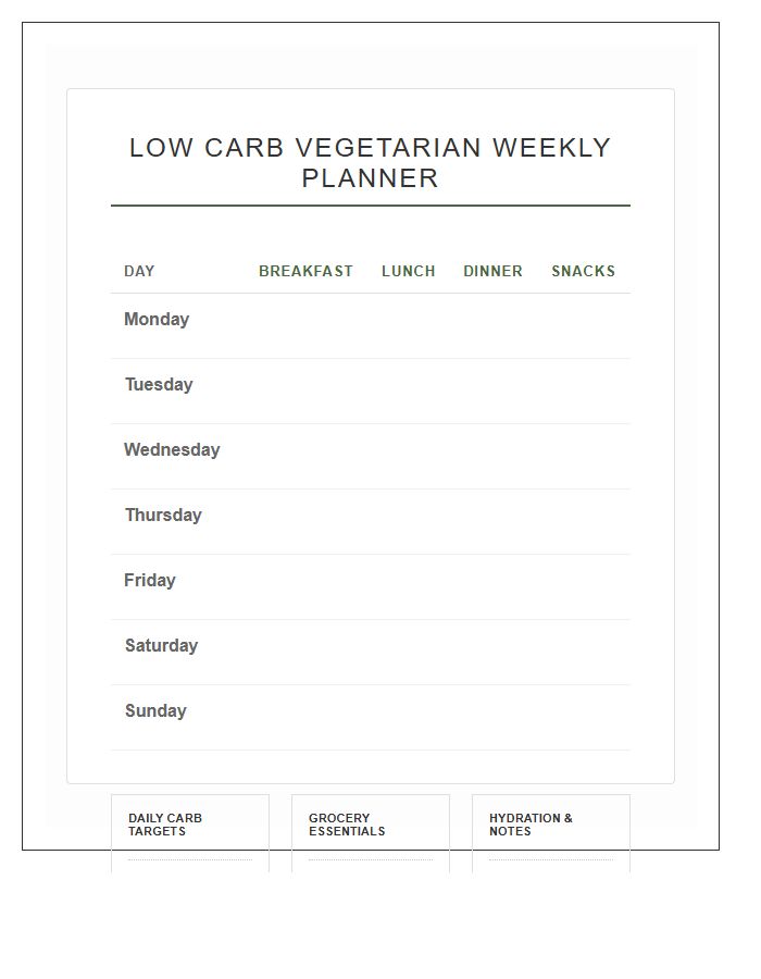 Low Carb Vegetarian Planning Printable Chart