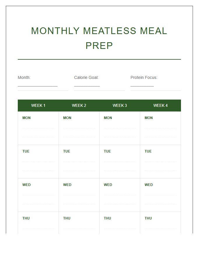 Monthly Meatless Meal Prep Printable Chart