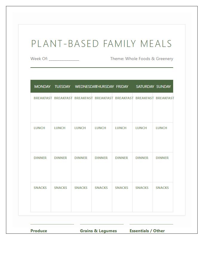 Plant Based Family Meal Schedule Printable Chart