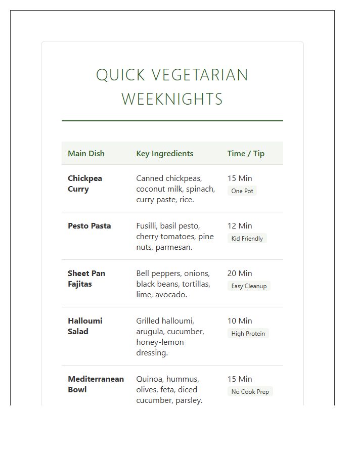 Quick Vegetarian Weeknight Meal Printable Chart