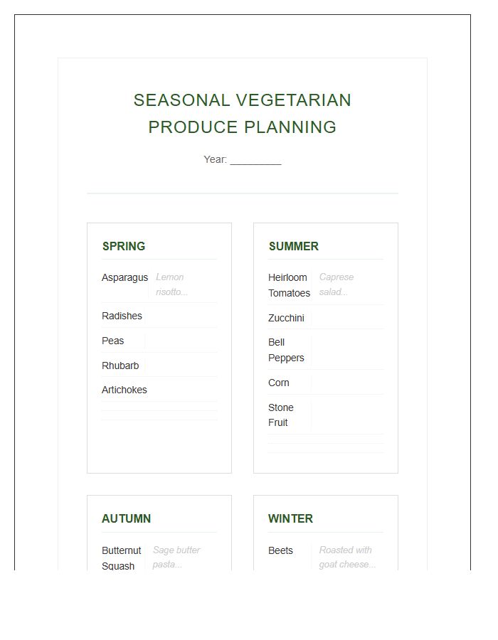 Seasonal Vegetarian Produce Planning Printable Chart