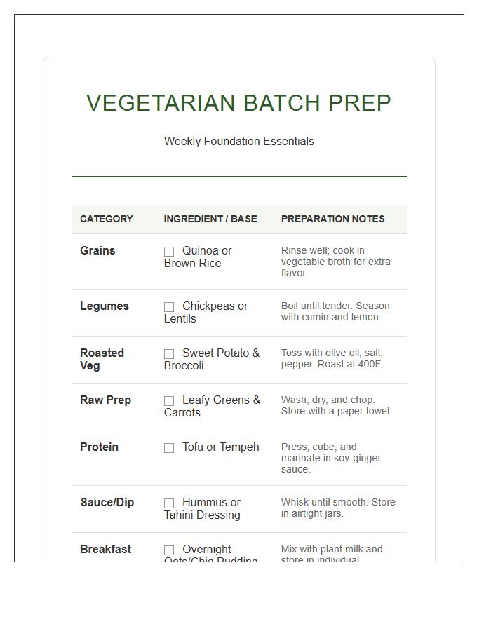 Simple Vegetarian Batch Cooking Printable Chart