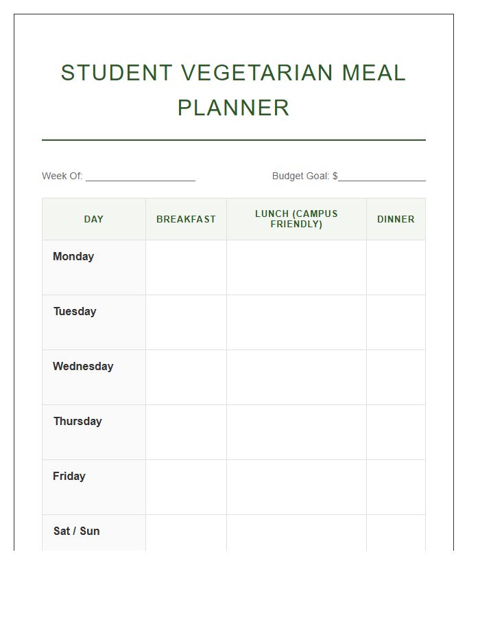 Student Vegetarian Meal Organization Printable Chart