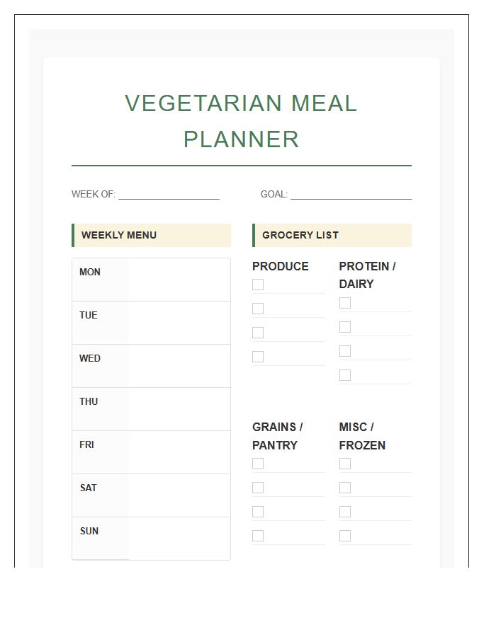 Vegetarian Grocery List And Planning Printable Chart