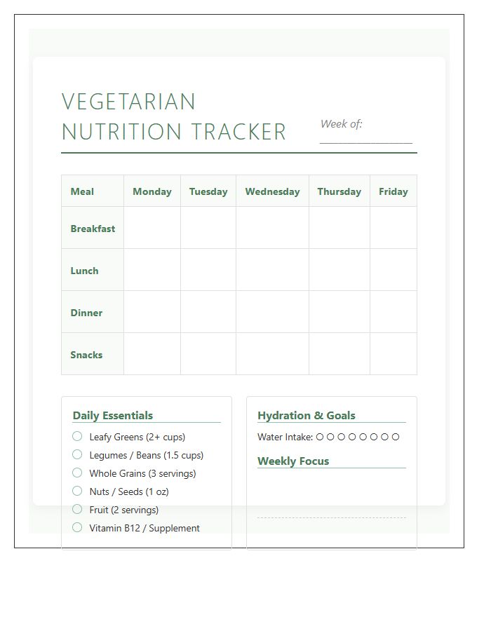 Vegetarian Nutrition Tracker And Planning Printable Chart