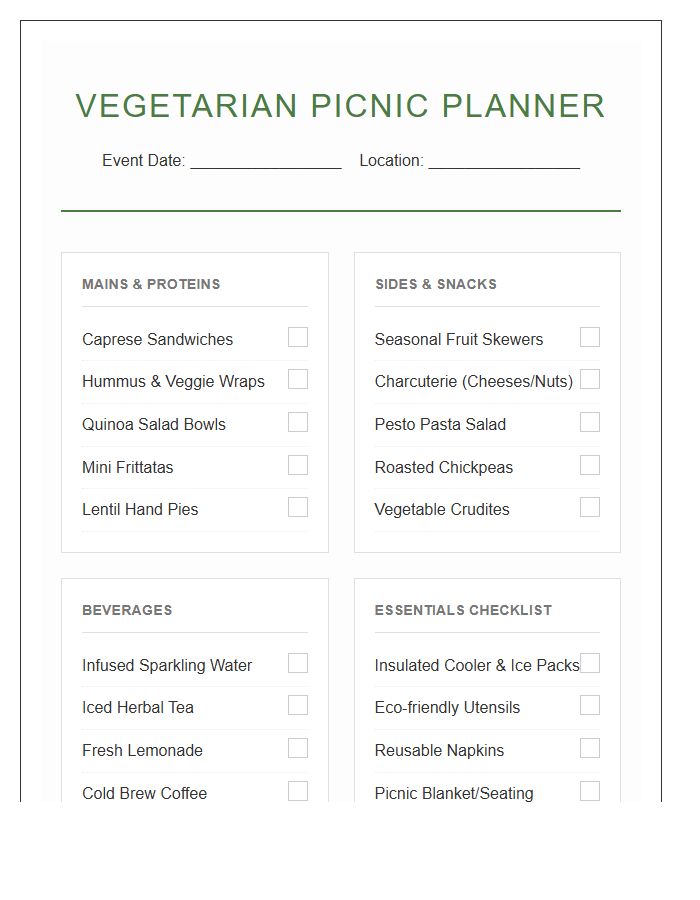 Vegetarian Picnic And Event Planning Printable Chart