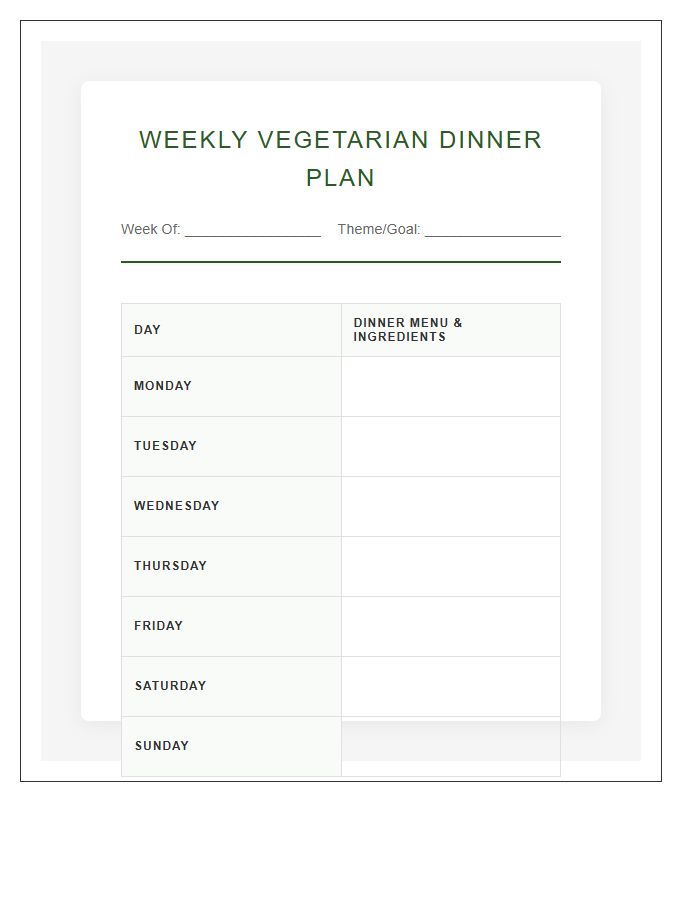 Weekly Vegetarian Dinner Planning Printable Chart