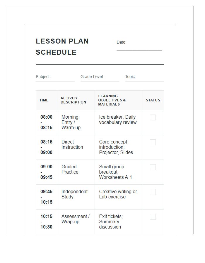 Classroom Activity Lesson Plan Schedule Printable Chart