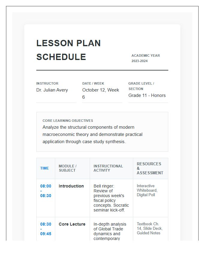 Comprehensive Academic Lesson Plan Schedule Printable Chart
