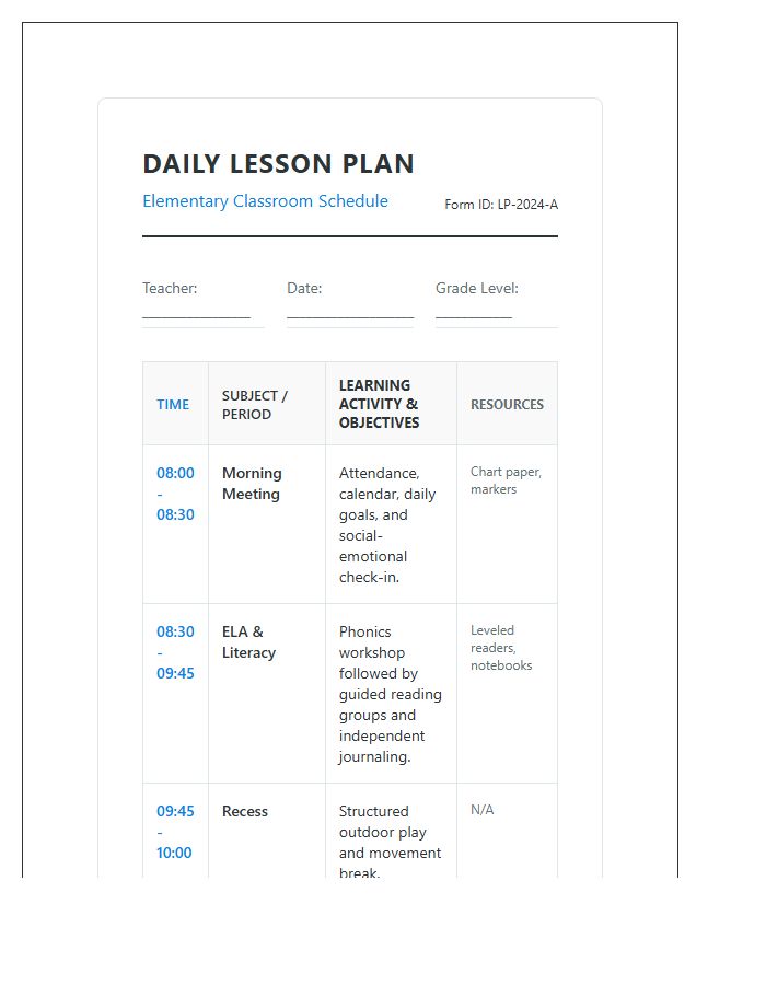 Elementary Classroom Lesson Plan Schedule Printable Chart
