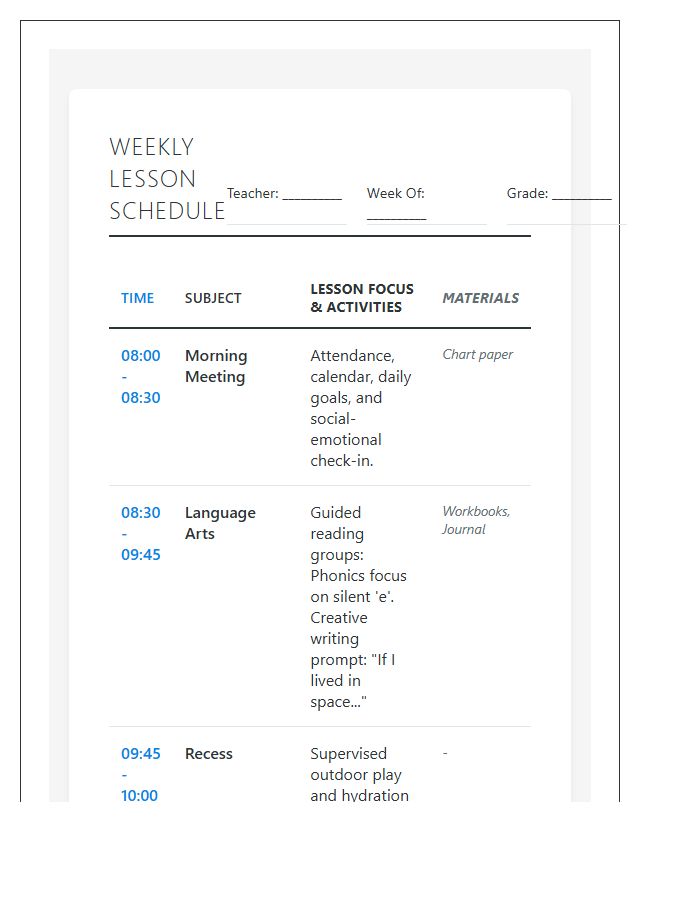 Grade School Lesson Plan Schedule Printable Chart