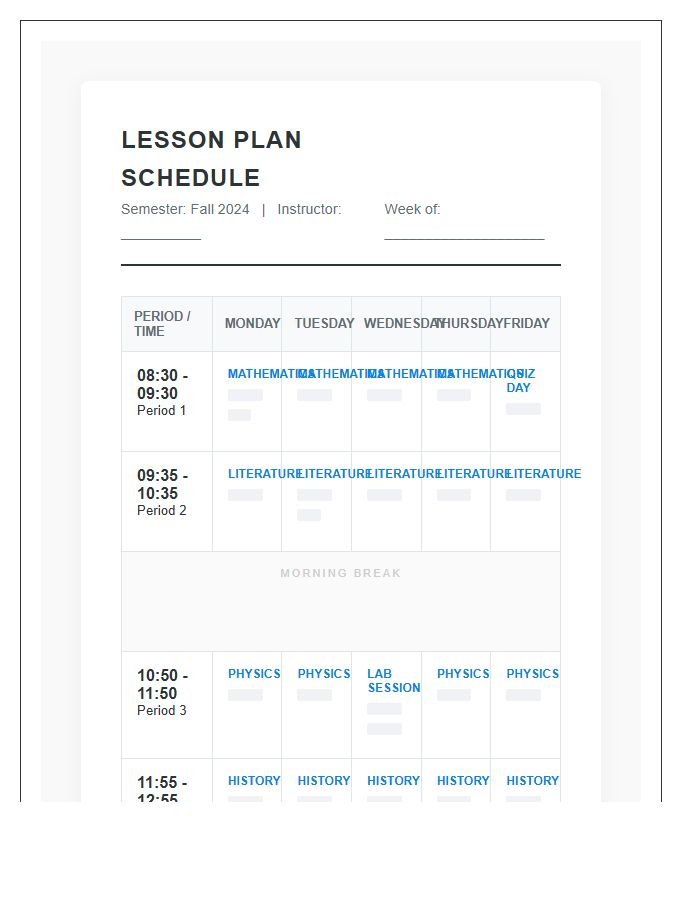 High School Subject Lesson Plan Schedule Printable Chart
