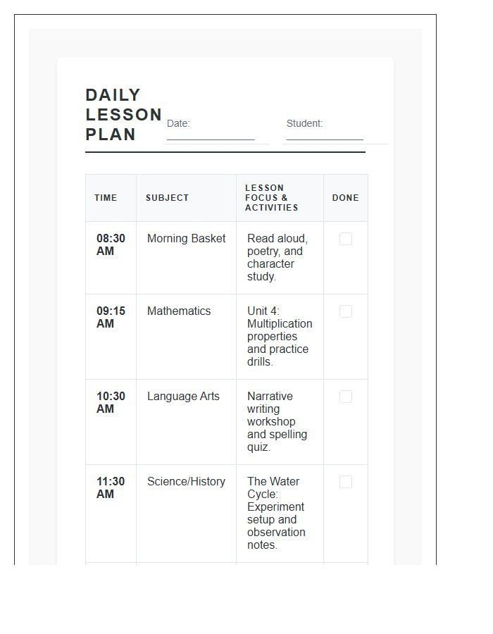 Homeschool Daily Lesson Plan Schedule Printable Chart