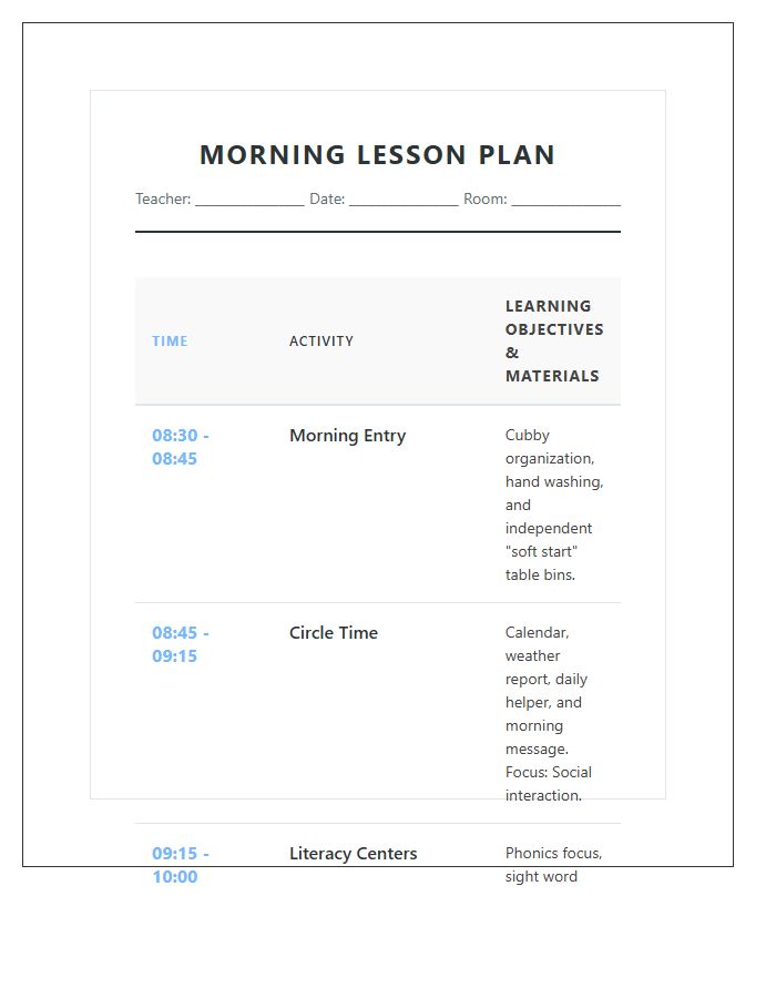 Kindergarten Morning Lesson Plan Schedule Printable Chart