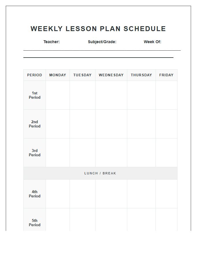 Middle School Lesson Plan Schedule Printable Chart
