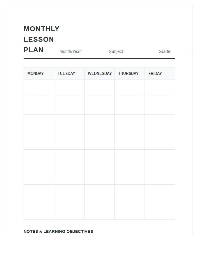 Monthly Teacher Lesson Plan Schedule Printable Chart