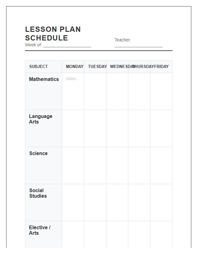 Multi Subject Lesson Plan Schedule Printable Chart