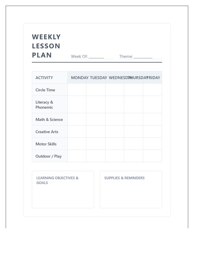 Preschool Weekly Lesson Plan Schedule Printable Chart