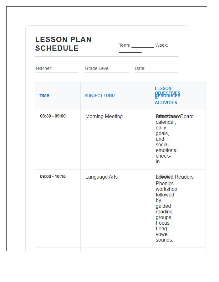 Primary Education Lesson Plan Schedule Printable Chart