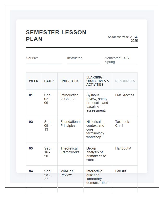 Semester Based Lesson Plan Schedule Printable Chart