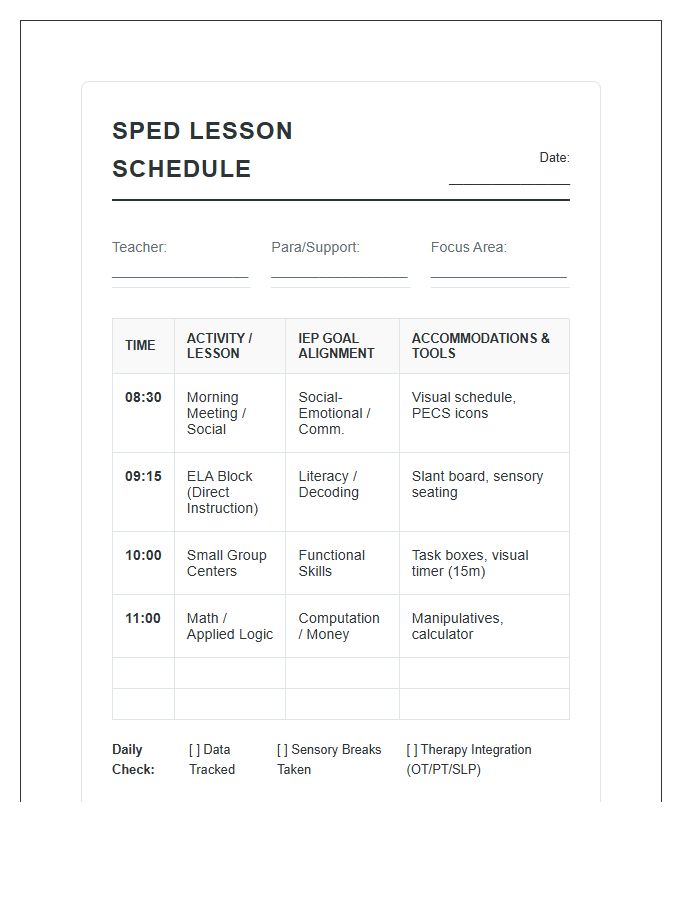 Special Education Lesson Plan Schedule Printable Chart