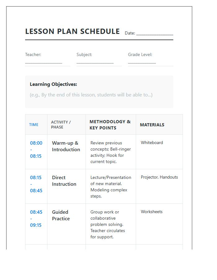 Structured Classroom Lesson Plan Schedule Printable Chart