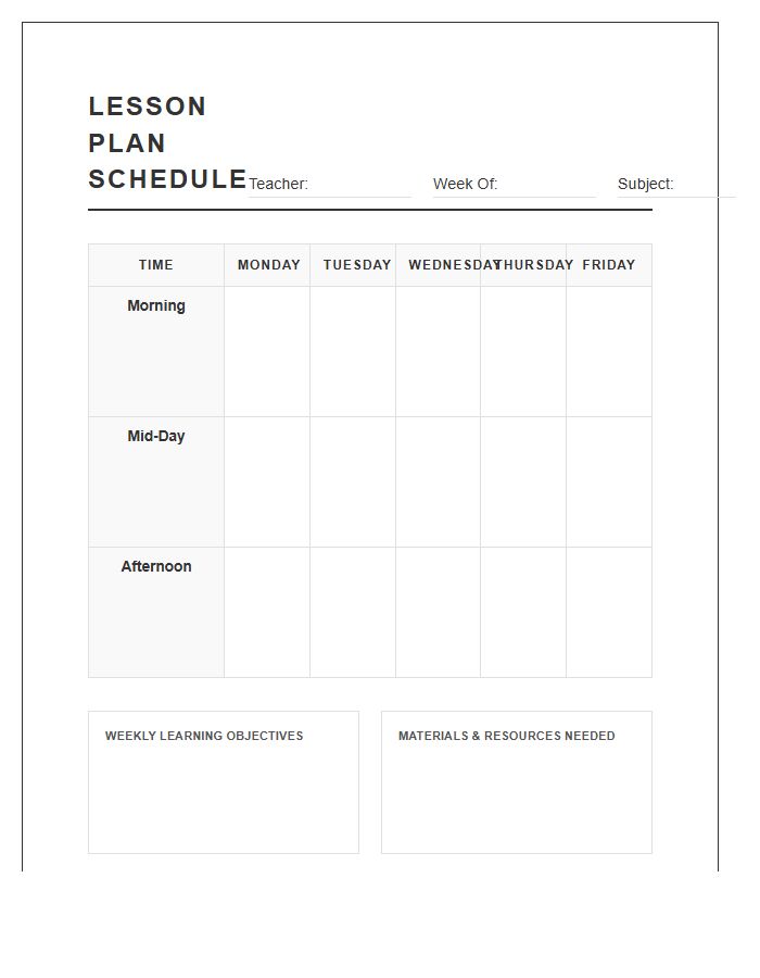 Teacher Organized Lesson Plan Schedule Printable Chart