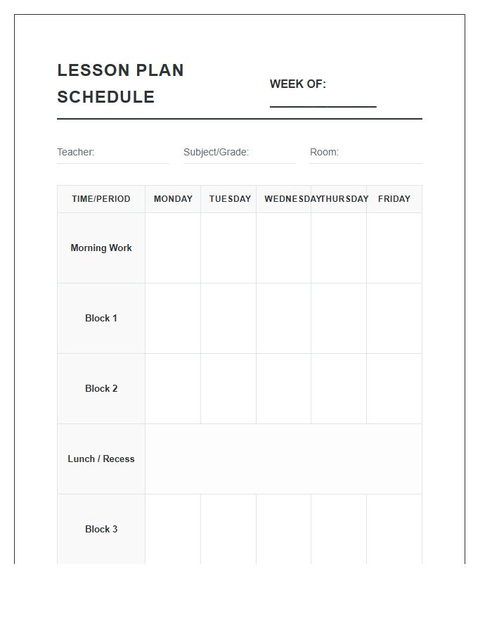 Universal Teacher Lesson Plan Schedule Printable Chart