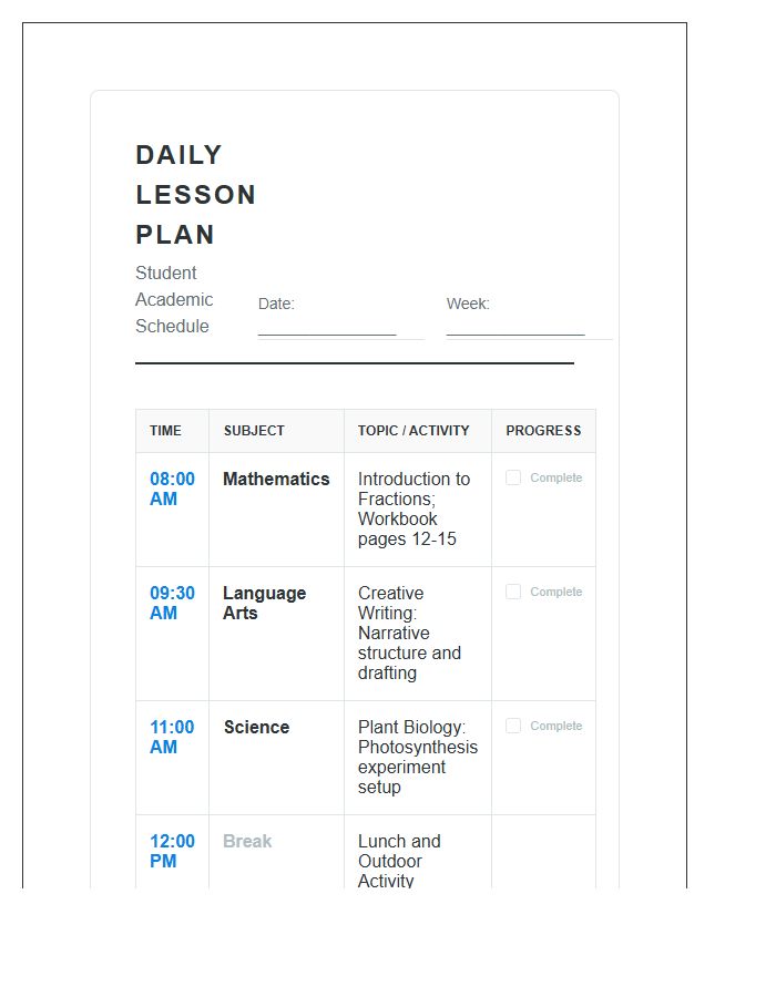 Visual Student Lesson Plan Schedule Printable Chart