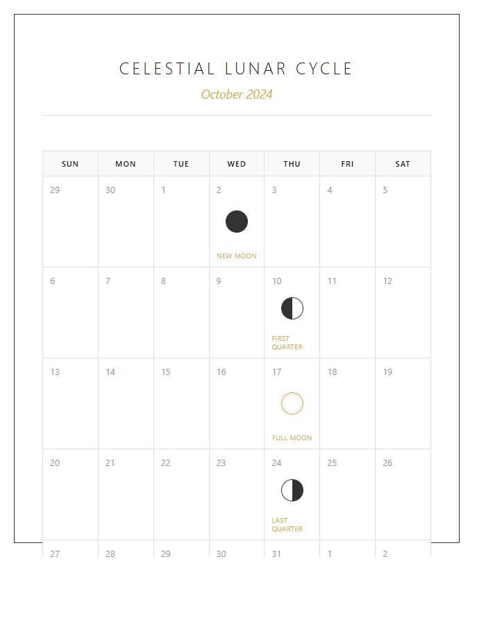Celestial Monthly Moon Phase Calendar Printable Chart