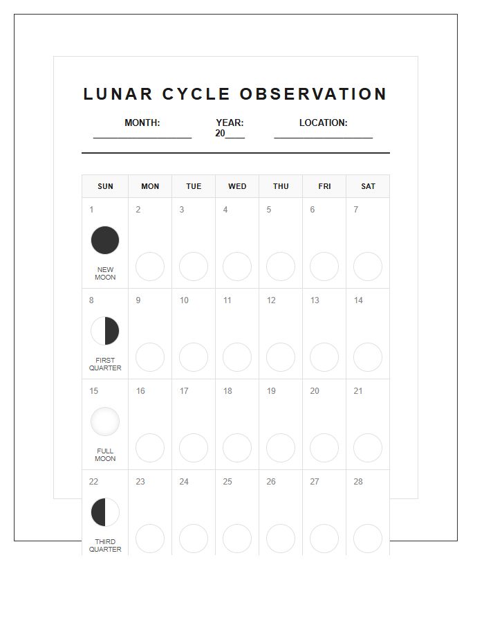 Educational Monthly Moon Phase Calendar Printable Chart