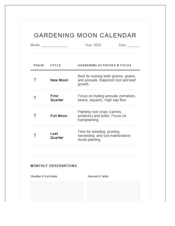 Gardening Monthly Moon Phase Calendar Printable Chart