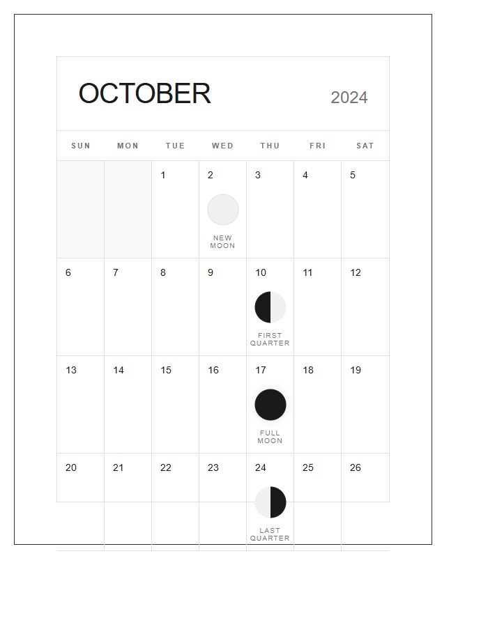 Large Format Monthly Moon Phase Calendar Printable Chart