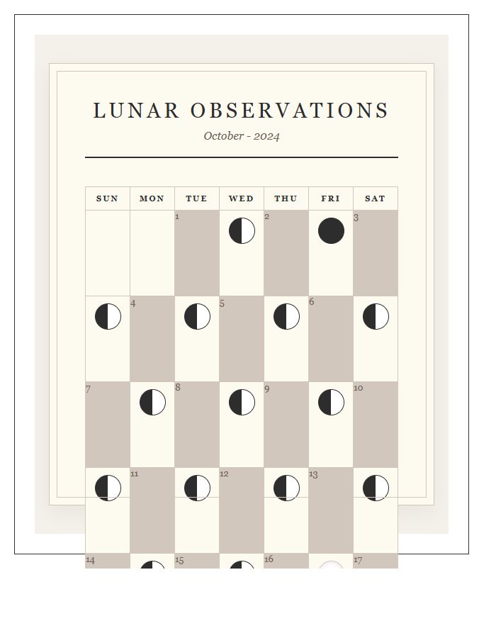 Vintage Monthly Moon Phase Calendar Printable Chart