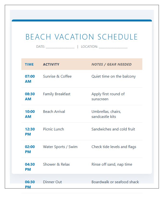 Beach Trip Family Vacation Activity Schedule Printable Chart