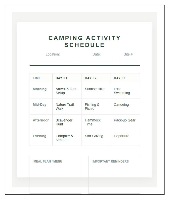 Camping Trip Family Vacation Activity Schedule Printable Chart