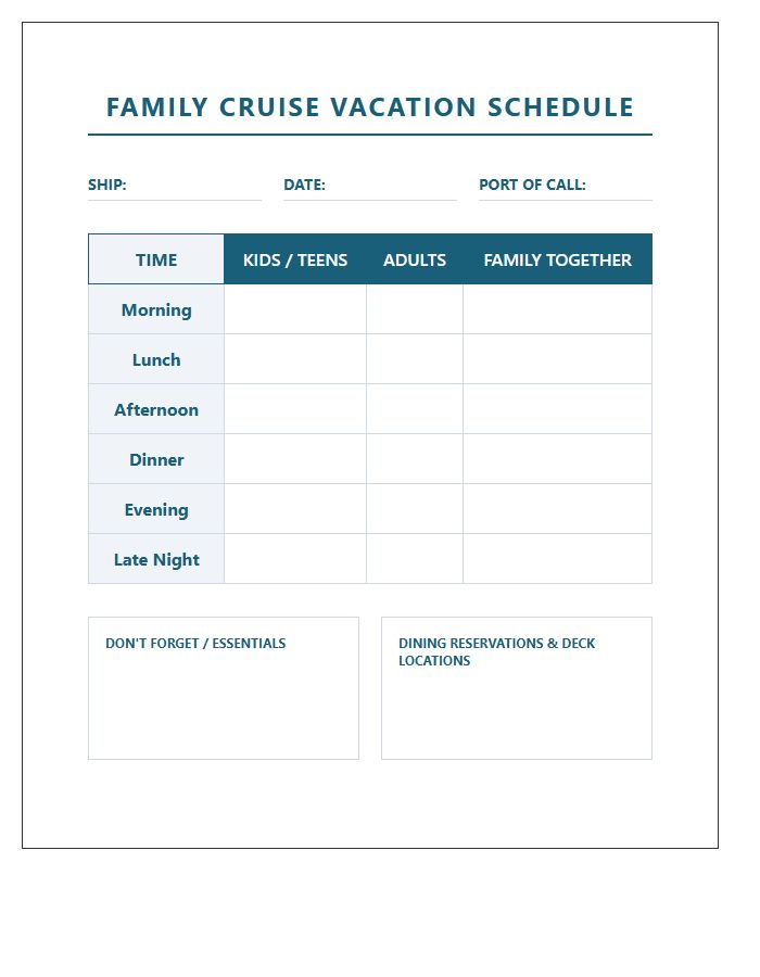 Cruise Ship Family Vacation Activity Schedule Printable Chart