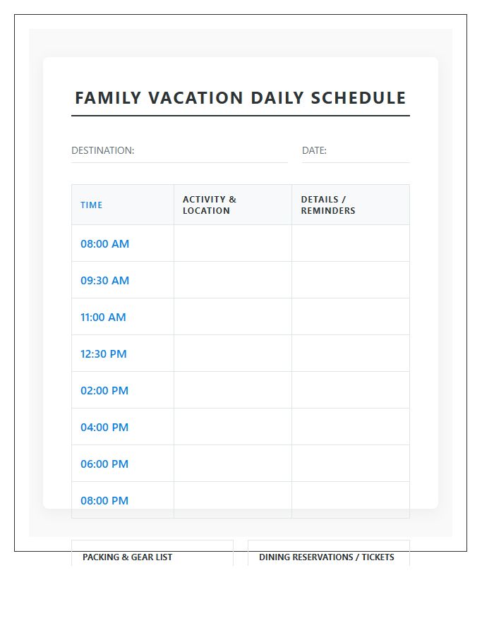 Daily Family Vacation Activity Schedule Printable Chart