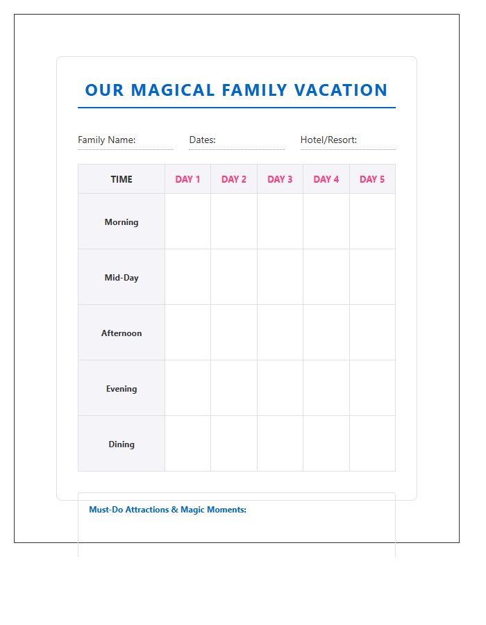 Disney Trip Family Vacation Activity Schedule Printable Chart