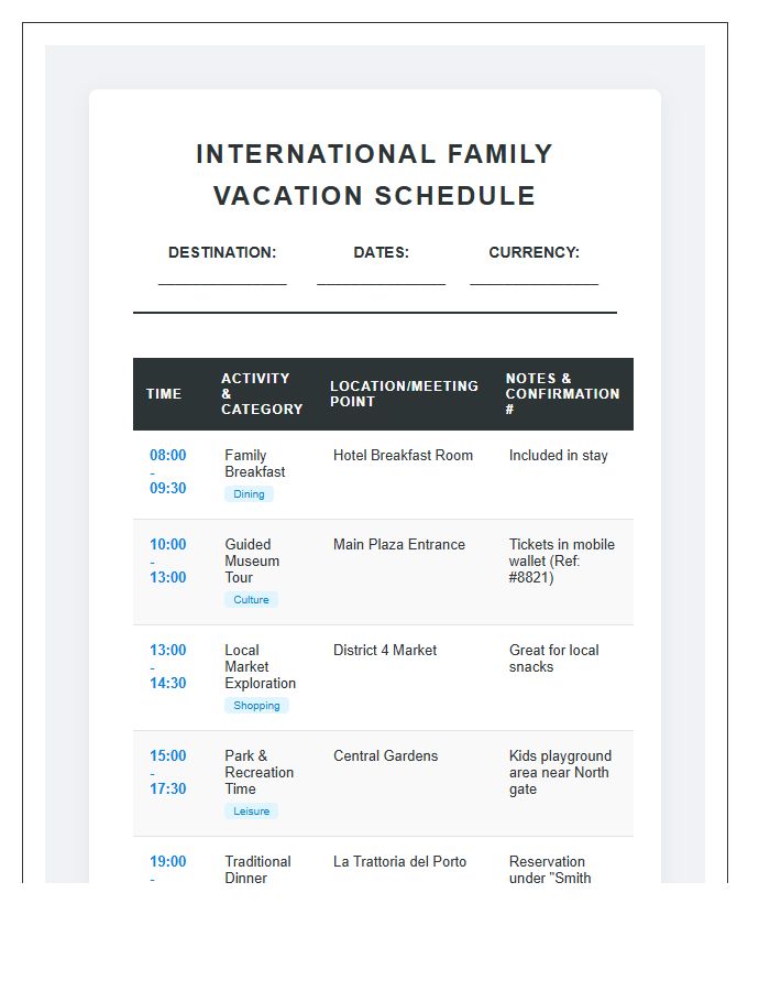 International Family Vacation Activity Schedule Printable Chart