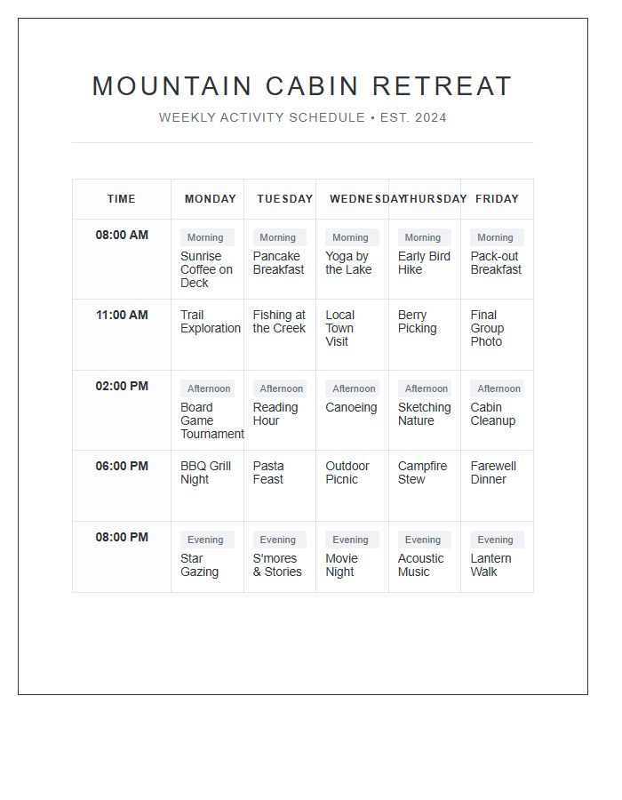 Mountain Cabin Family Vacation Activity Schedule Printable Chart