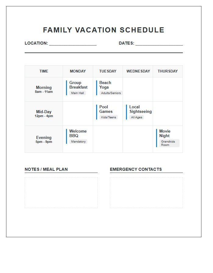 Multi Generational Family Vacation Activity Schedule Printable Chart