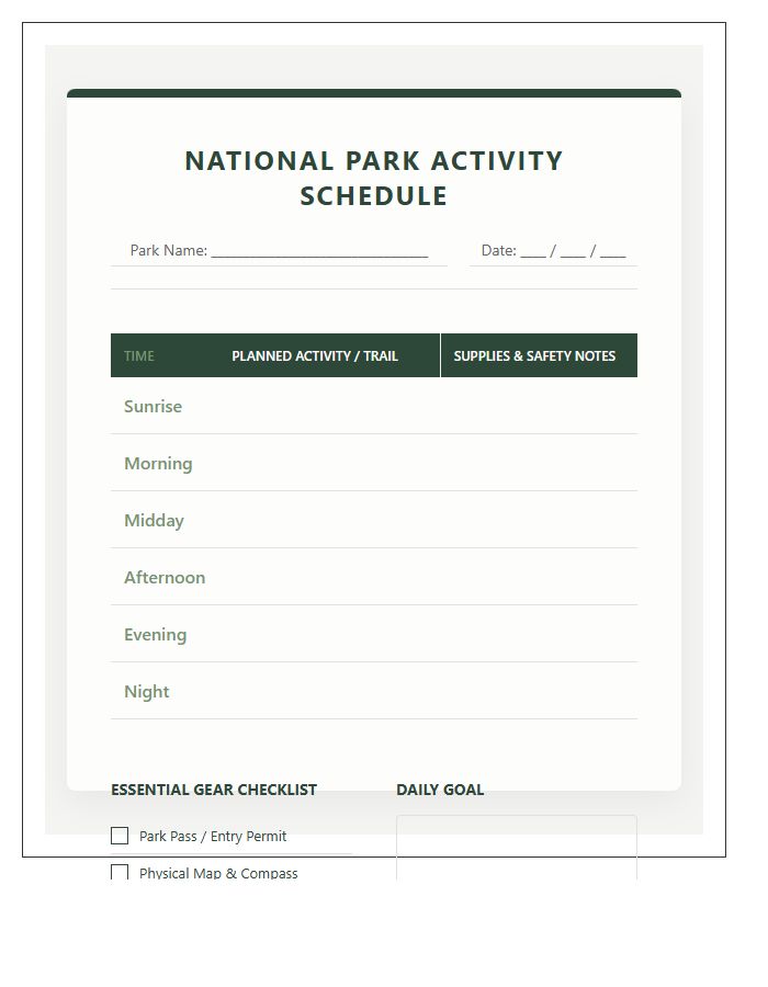 National Park Family Vacation Activity Schedule Printable Chart