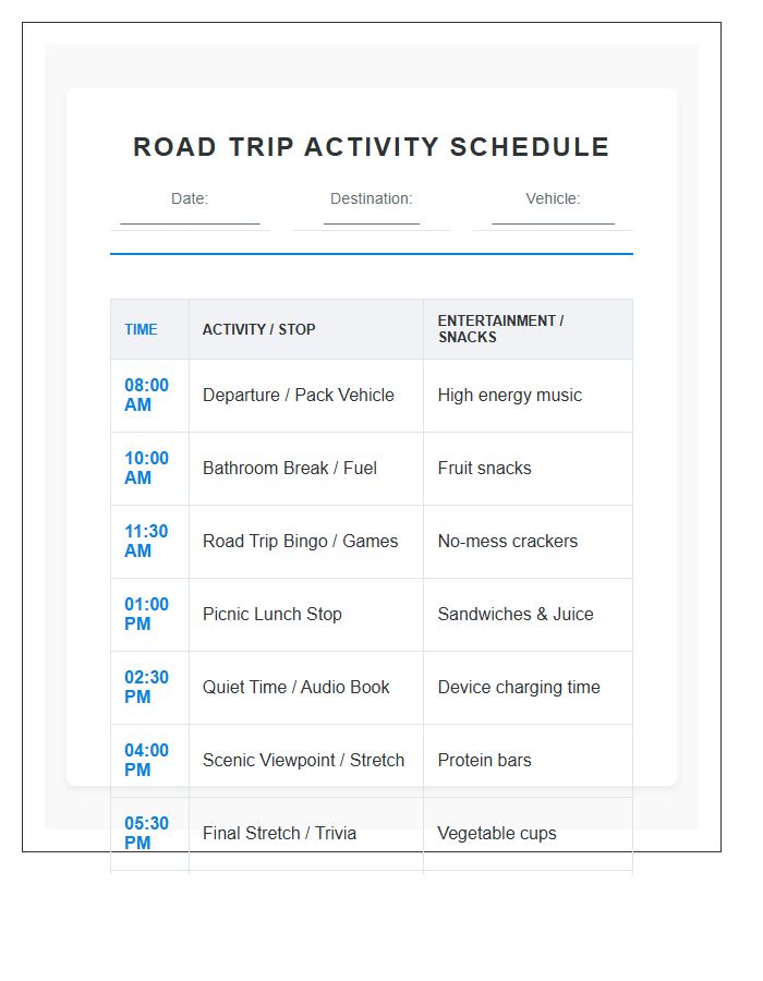 Road Trip Family Vacation Activity Schedule Printable Chart