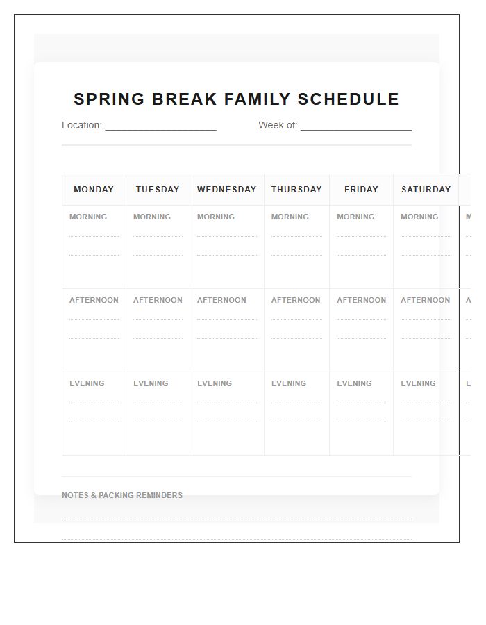 Spring Break Family Vacation Activity Schedule Printable Chart