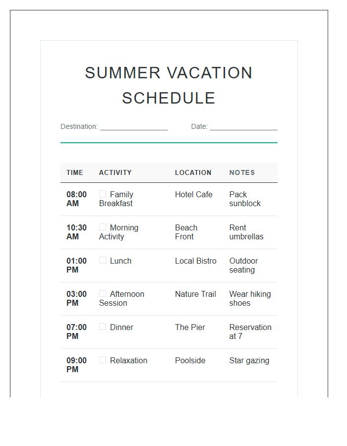 Summer Family Vacation Activity Schedule Printable Chart