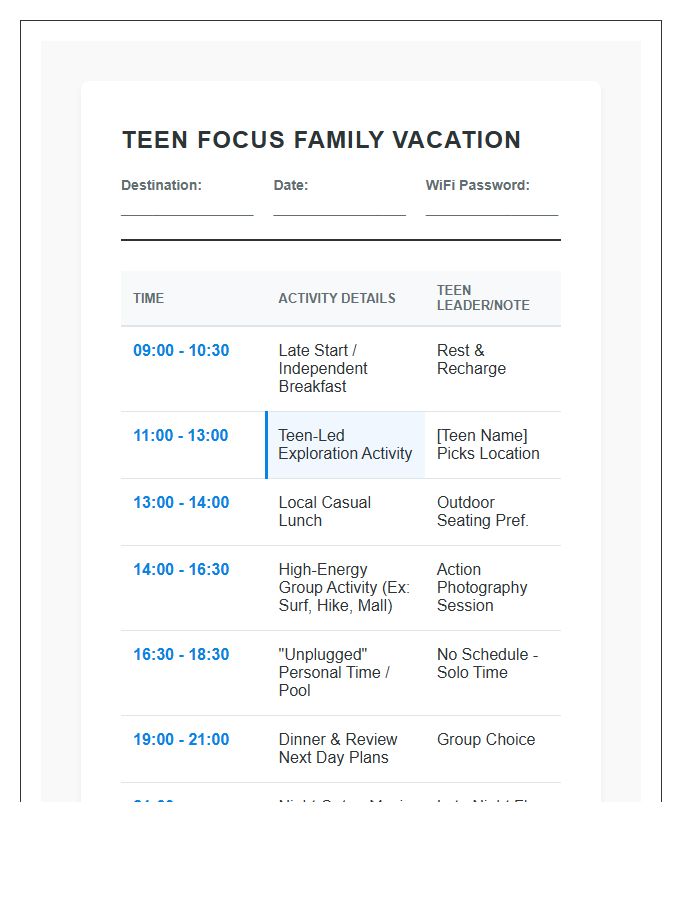 Teen Focus Family Vacation Activity Schedule Printable Chart