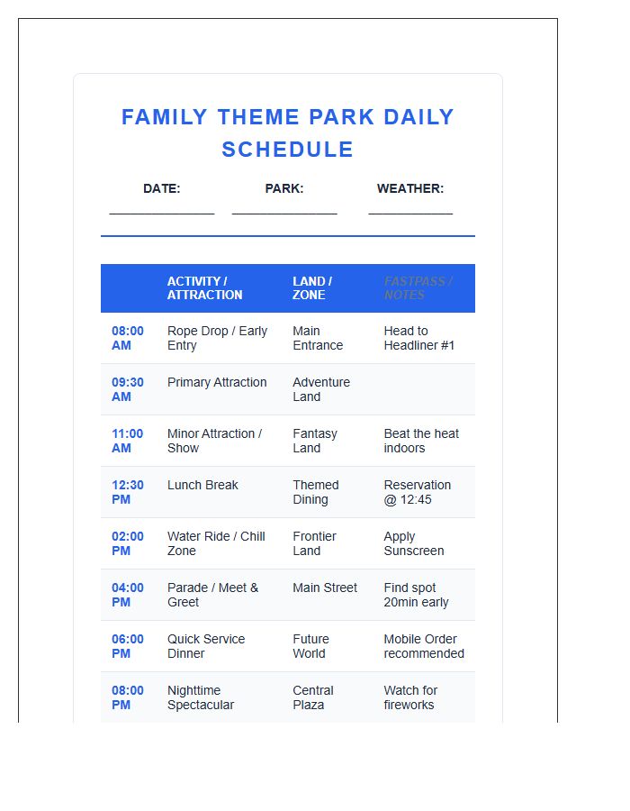 Theme Park Family Vacation Activity Schedule Printable Chart