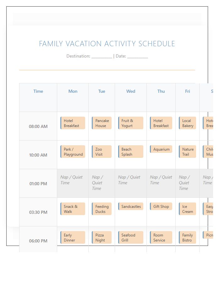 Toddler Friendly Family Vacation Activity Schedule Printable Chart
