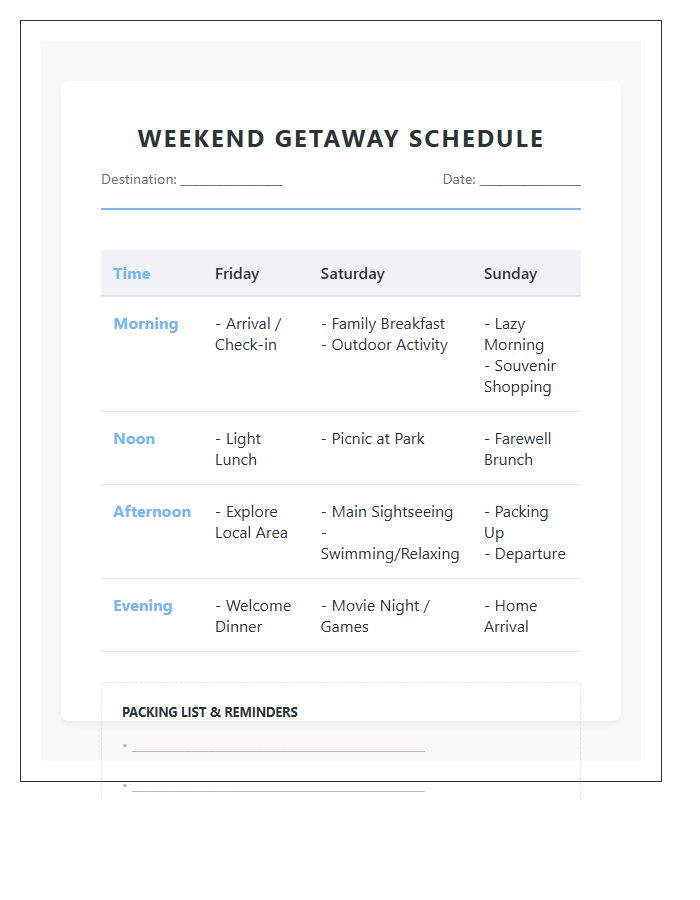 Weekend Getaway Family Vacation Activity Schedule Printable Chart